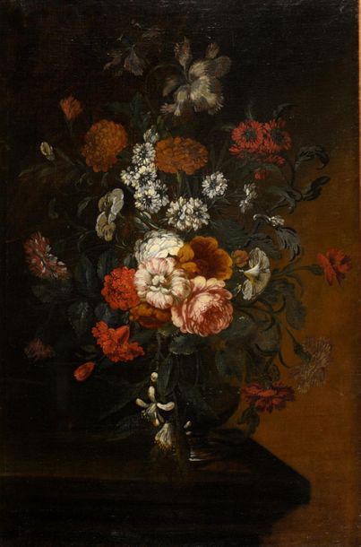 null ECOLE FRANCAISE du XVIIIème siècle.	
Vase de fleurs sur un entablement.
Huile...