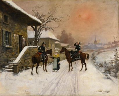 null Théodore LÉVIGNE (1848-1912).
La halte des gendarmes en hiver.
Huile sur toile.
Signé...
