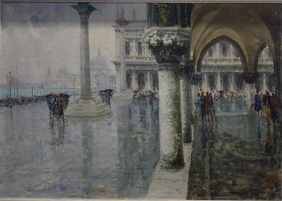 null Luigi Pagan (1907-1980). 
 Venice in the rain.
Oil on canvas.
Signed lower right.
70...