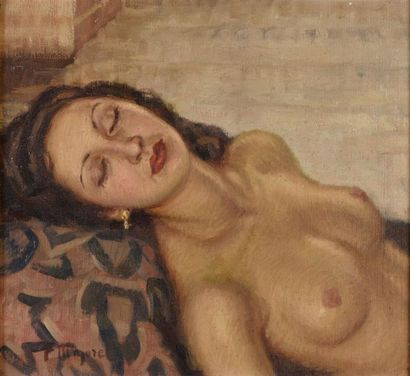 null Fernand MAJOREL (1898-1965).
Jeune femme nue endormie.
Huile sur toile.
Signé...