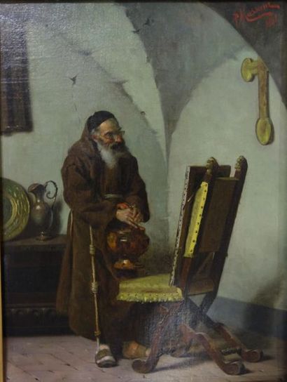 null Pompeo Massani (1850-1920).
Le moine admirant un tableau, 1881.
Huile sur toile.
Signé,...