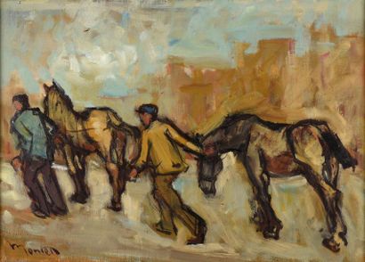 null Maurice Montet (1905-1997).
Maquignons et leurs chevaux.
Huile sur toile.
Signé...