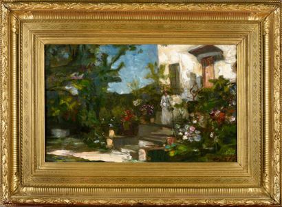 null Jacques Martin (1844-1919).
Le jardin fleuri devant la maison de l'artiste.
Huile...