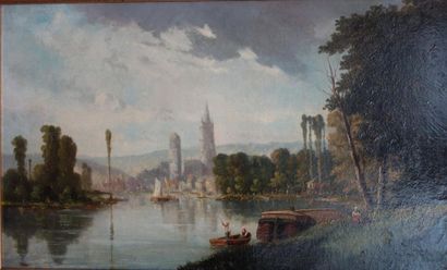 null J. Bovy (XIXème-XXème siècle).
Paysage, un château en bord de rivière, 1887.
Huile...