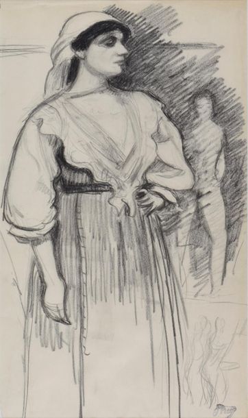 null Jean Puy (1876-1960). 
 Beautiful gypsy girl in the studio, circa 1910.
Charcoal...