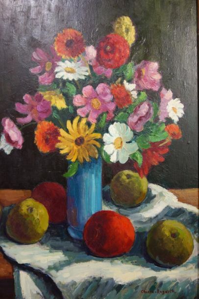 null Marcel Chiara-Rogarth (1903-1981). 
 Still life with flowers and fruit.
Oil...