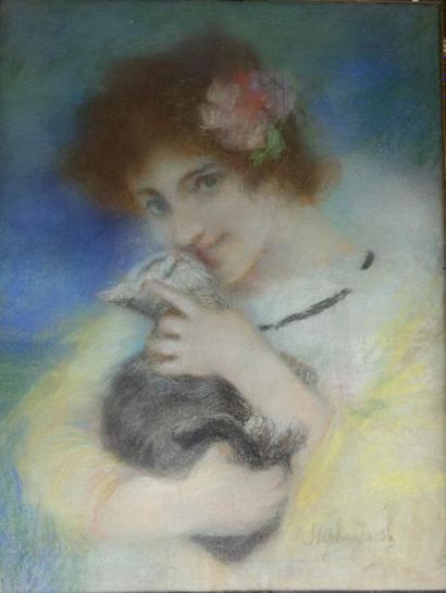 null Stephen JACOB (1846-?). 
 Girl with cat.
Pastel on strong paper.
Signed lower...