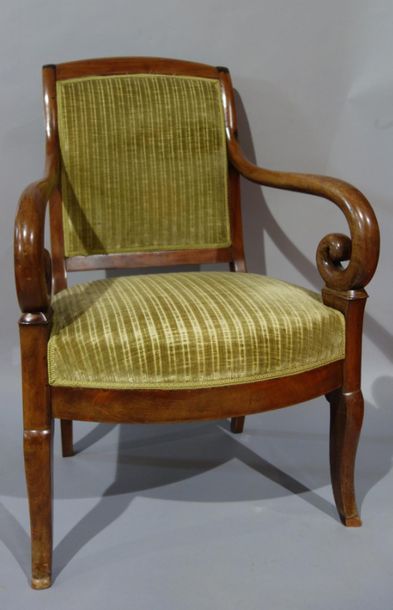 null Pair of armchairs in mahogany and mahogany veneer, armrests in crozier. 
19th...