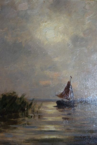 null Alphonse STENGELIN (1852-1938). 
 Boat, sails out in the sunset.
Oil on panel.
Signed...