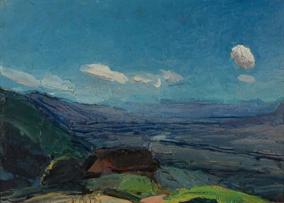 null Pierre CALES (1870-1961). 
 Clouds by the Midi wind over the Grésivaudan valley.
Oil...