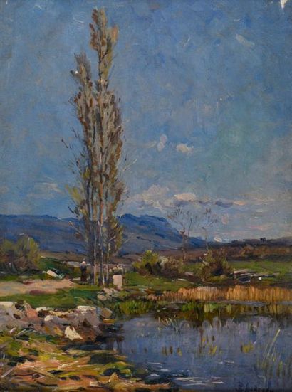 null Philippe Audras (1872-1930). 
 Landscape with pond and large poplars.
Oil on...