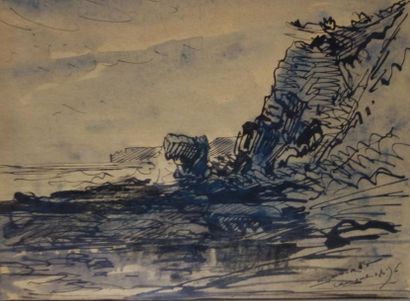 null Émile NOIROT (1853-1924).
Rochers à Cancale, 1896.
Lavis d'encre sur papier.
Signé,...