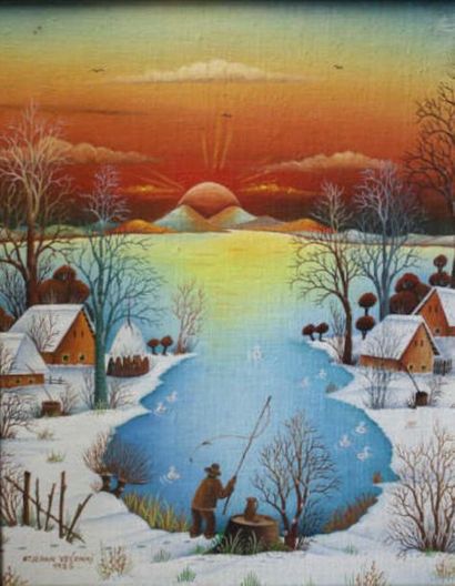 null Stejpan Vecenaj (1928-).
" Pêcheur en hiver ", 1985.
Huile sur toile.
Signée...