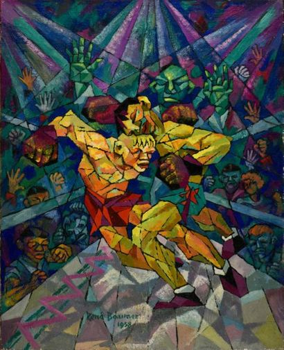 null René Baumer (1906-1982).
Le combat de boxe, 1958.
Huile sur toile
Signé, daté...