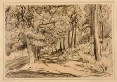 null Marcelle BOTTON (1900-1982).
Chemin en sous-bois, 1951.
Fusain sur papier.
Signé...