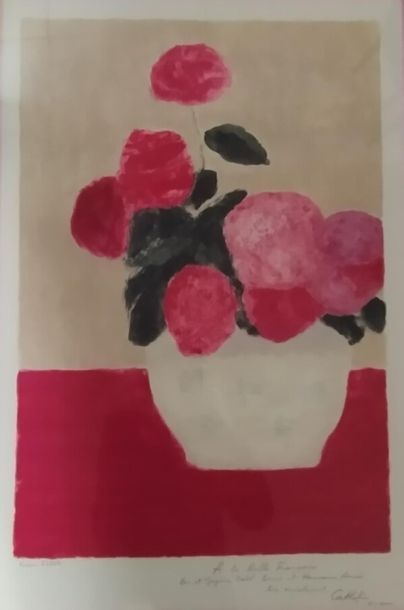 null Bernard Cathelin (1919-2004).
Bouquet de fleurs rouges dans un vase.
Lithographie...
