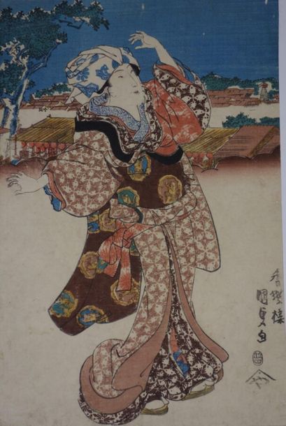 null KUNISADA-TOYOKUNI III (1786-1865) : Trois estampes oban tate-e, l'une figurant...