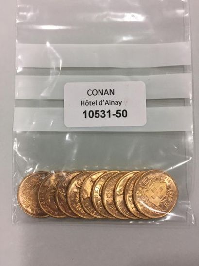 10 pieces 20 Francs gold, Switzerland.
Lot...