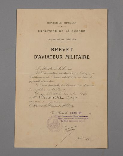 null Brevet papier d'aviateur militaire de Georges Durousset, caporal du Génie, N°1811,...