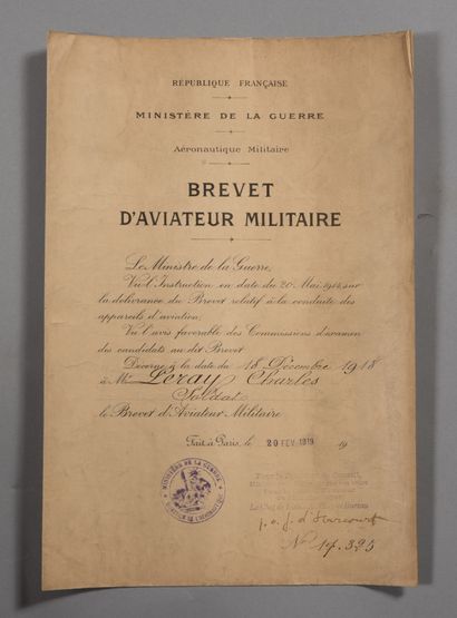 null Brevet papier d'aviateur militaire de Charles PERAY, soldat, N°17325 du 18/...