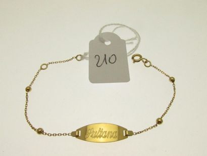 null 1 identity bracelet child's chain link and gold beads, the plate engraved, humpbacked...