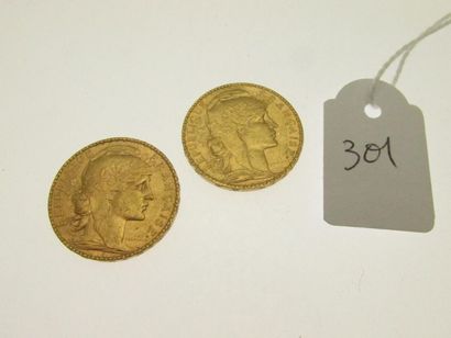 null 2 pièces de 20Frs or RF (Marianne/coq) 1901-1906, bossuées 12,9g