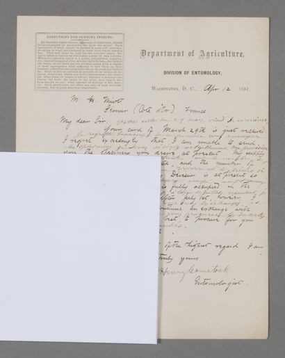 null John Henry Comstock (1849-1931), entomologiste américain. Lettre signée à l'entomologiste...