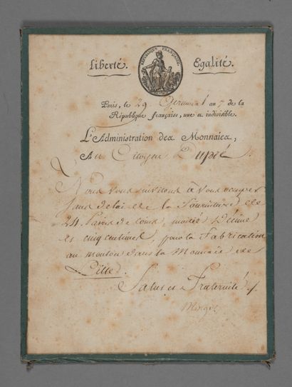 null Gaspard Monge (1746-1818). Lettre signée. Paris, le 29 germinal an 7. 1 p. in-4....