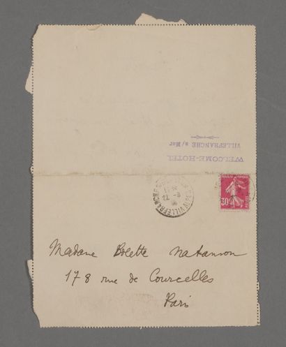 null Jean Cocteau. C.A.S. à Bolette Natanson. Villefranche sur mer, 22 août [1924...