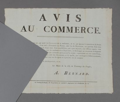 null Vendée. Affiche, 33 x 41 cm. Fontenay-le-Peuple, an 10.

« Avis au Commerce...