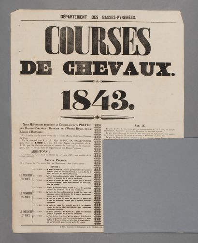 null Pyrénées-Atlantiques. Affiche, 56 x 44 cm. Pau, 8 août 1843. Imprimée à Pau...