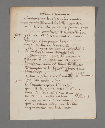 null Jura. Manuscrit de 2 pp. in-4. 1793.

« Aux citoiennes Patriotes de Lons le...