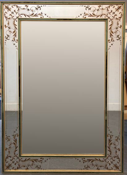 null FRENCH WORK 

A large rectangular mirror with an eglomerate glass frame decorated...