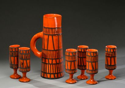 null Orangeade service by Capron, composed of 6 glasses and a pitcher in enamelled...