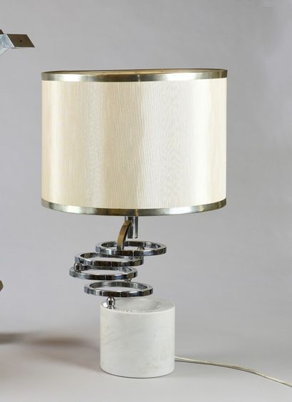 null French work from the 1970s. 

Table lamp, arabescato marble base enhanced with...