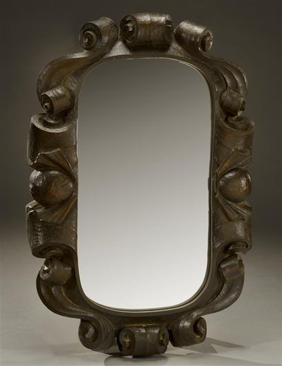 null MODERN WORK

Large varnished wood mirror with large gouge carved borders. 

H....