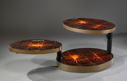 null Coffee table with three oval swivelling trays in enamelled ceramic with suns...