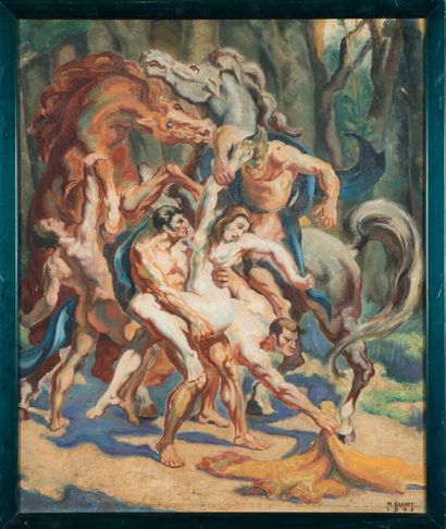  M. Granet (XXème siècle). 
Scène d'enlèvement d'une nymphe avec centaure. 
Huile...
