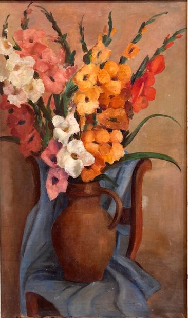  Charles Kvapil (1884-1957). 
Bouquet de glaïeuls dans une cruche. 
Huile sur toile....