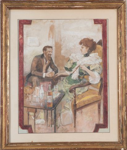  Jacques Wely (1873-1910). 
Conversation galante. 
Aquarelle sur carton. 
Signé en...