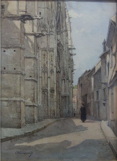 null C. Normand (école moderne du XXe siècle).

Rue devant l'église à Gisors.

Aquarelle...