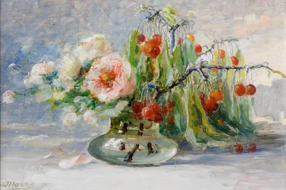 null Antoine Marzo (1856-1946).

Vase de fleurs et branche de cerises.

Huile sur...