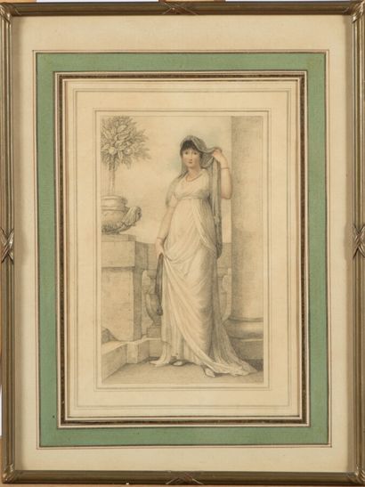 null Ecole anglaise du XIXe s.

Femme romaine. Gravure au pointillé imprimée en couleurs,...