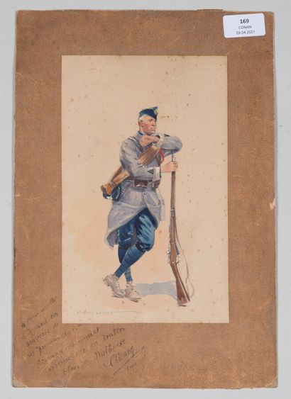null Bataillon de chasseur alpin à pieds : Edmond Lajoux, aquarelle collée sur carton,...