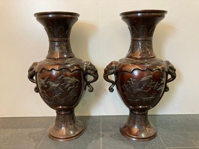 null Paire de grands vases en bronze de patine brun-rouge, à haut pied et long col...