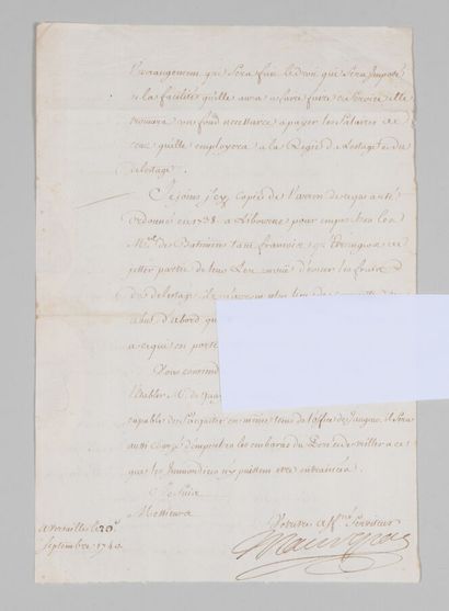 null MORBIHAN. MAUREPAS, ministre de la Marine de Louis XV. Lettre signée. Versailles,...
