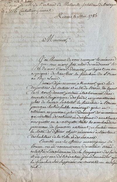 null MORBIHAN COMPAGNIE DES INDES. Lettre manuscrite, 4 pp. in-folio. Rennes, 4 mai...