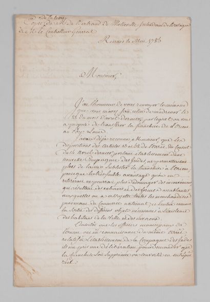 null MORBIHAN COMPAGNIE DES INDES. Lettre manuscrite, 4 pp. in-folio. Rennes, 4 mai...