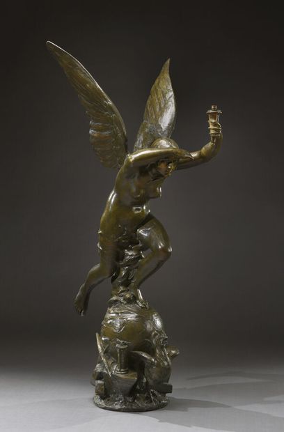 null J.D.Keyser (1857-1927). Renommée, grand bronze à patine verte, représentant...
