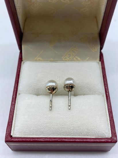 null A pair of 18K gold stud earrings each with a cultured pearl (no clasp). 

Gross...
